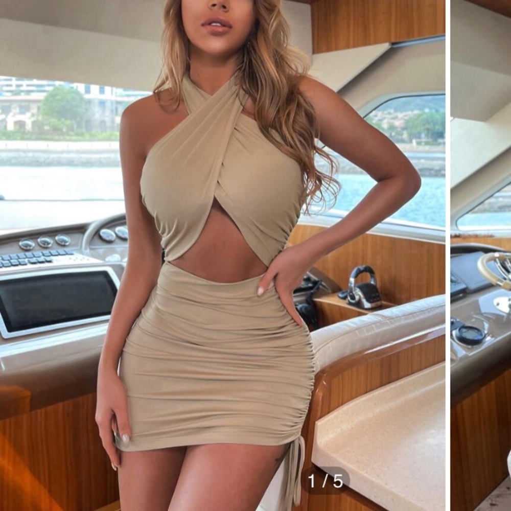 Nude halter criss cross dress with ruching